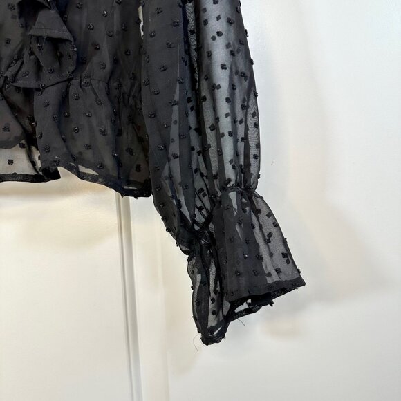 Black Sheer Swiss Dot Ruffle Trim Flounce Sleeve Top - Picture 9 of 13